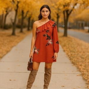 French Connection Copper Rust Orange Delphine One Shoulder Dress – Size 10